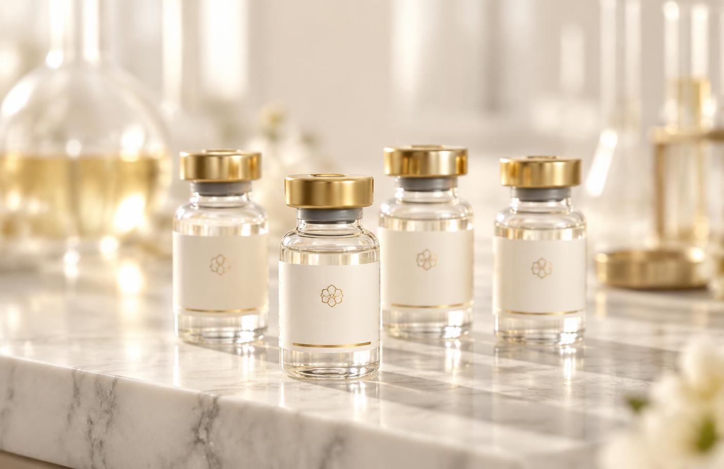 Kensington Labs research vials on a marble surface